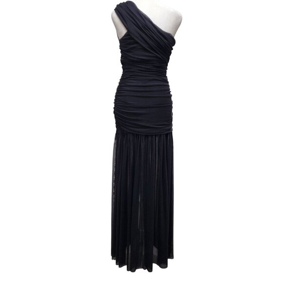 One-Shoulder Black Ruched Evening Gown With Sheer Skirt Size S - Picture 7 of 9